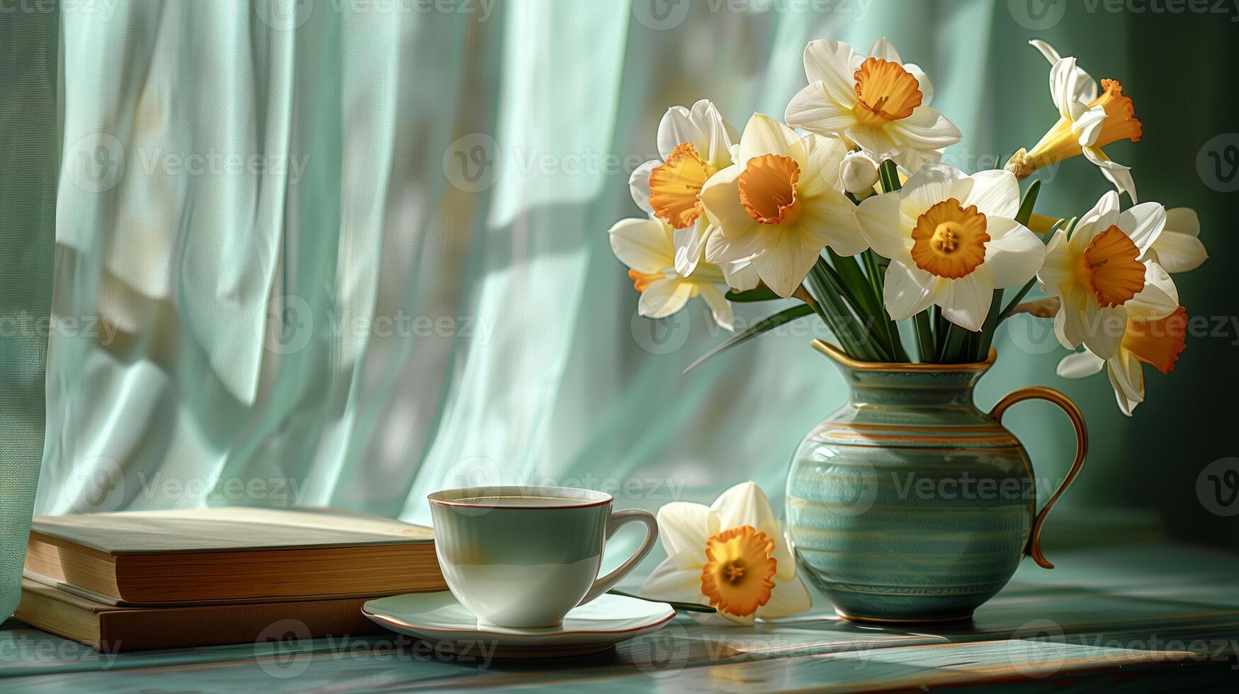 A table with books stacked on it, next to a vase with a large bouquet of a narcissus flowers, and a cup of hot tea. Generated by artificial intelligence. photo