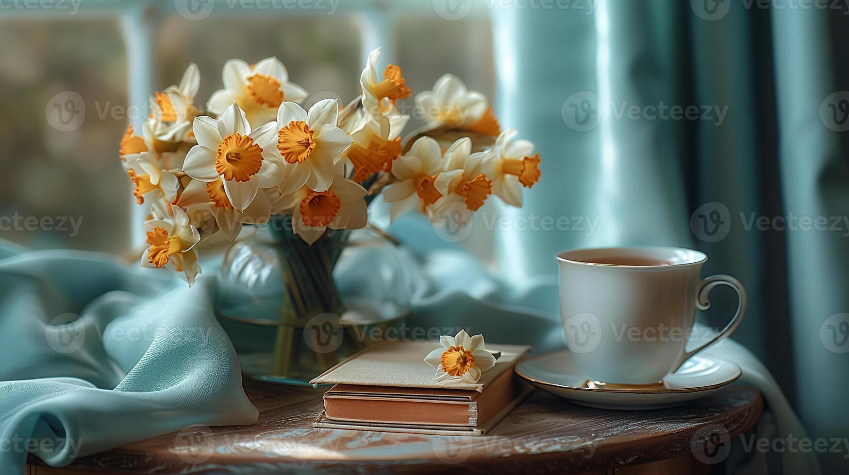 A table with books stacked on it, next to a vase with a large bouquet of a narcissus flowers, and a cup of hot tea. Generated by artificial intelligence. photo