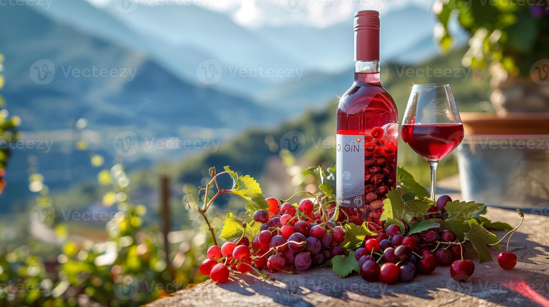 A bottle filled with red wine and the glass by side placed on a nice concrete, some chopped tropical fruits. Beautiful mountains in the scenery. Generated by artificial intelligence. photo
