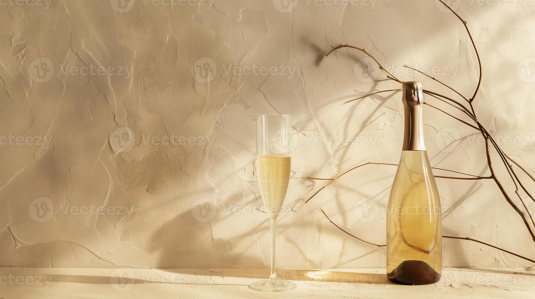 Product photography of a sparkling wine bottle and glass, with a minimalist setting featuring a single driftwood branch as a prop. Generated by artificial intelligence. photo