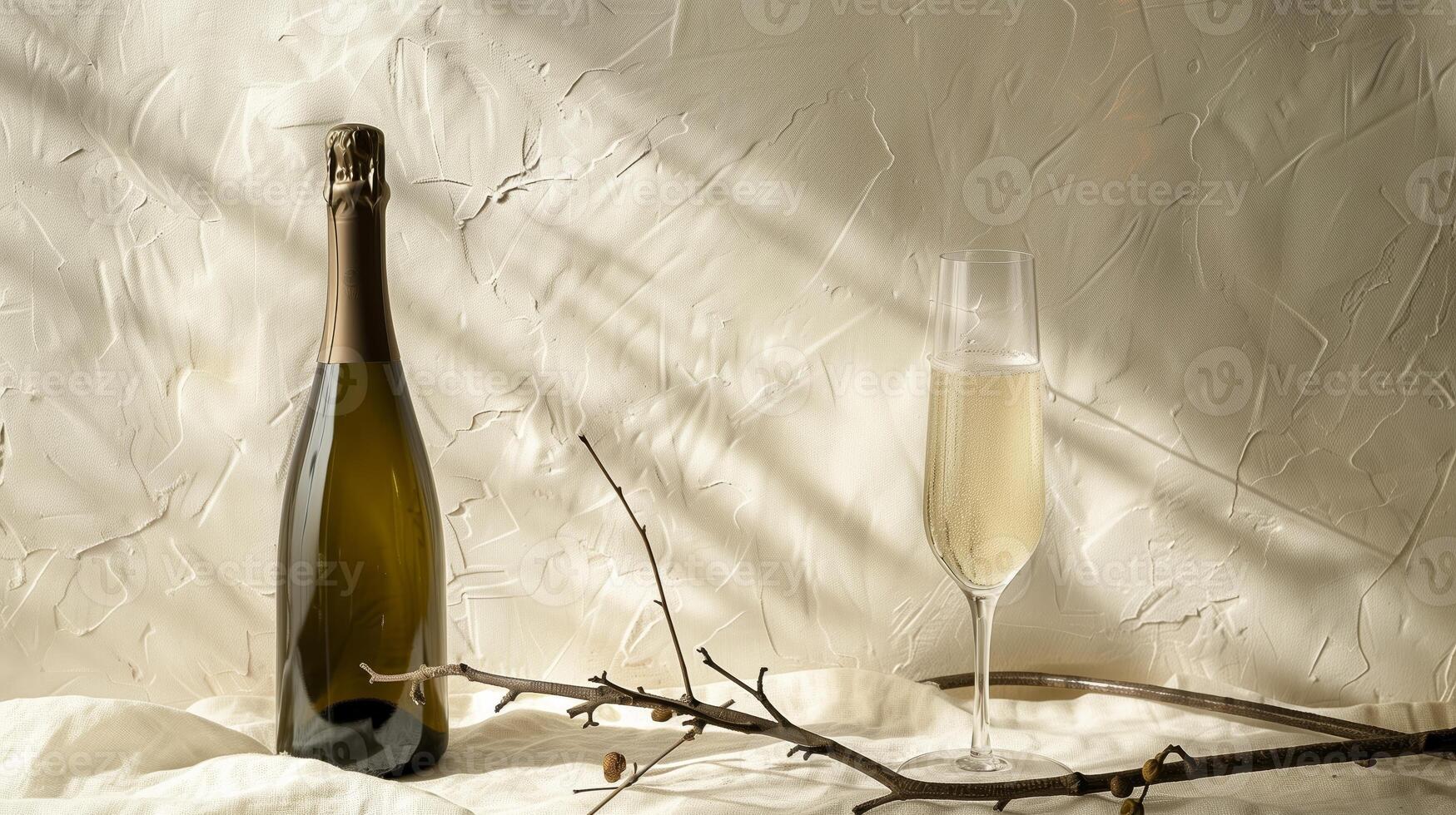 Product photography of a sparkling wine bottle and glass, with a minimalist setting featuring a single driftwood branch as a prop. Generated by artificial intelligence. photo