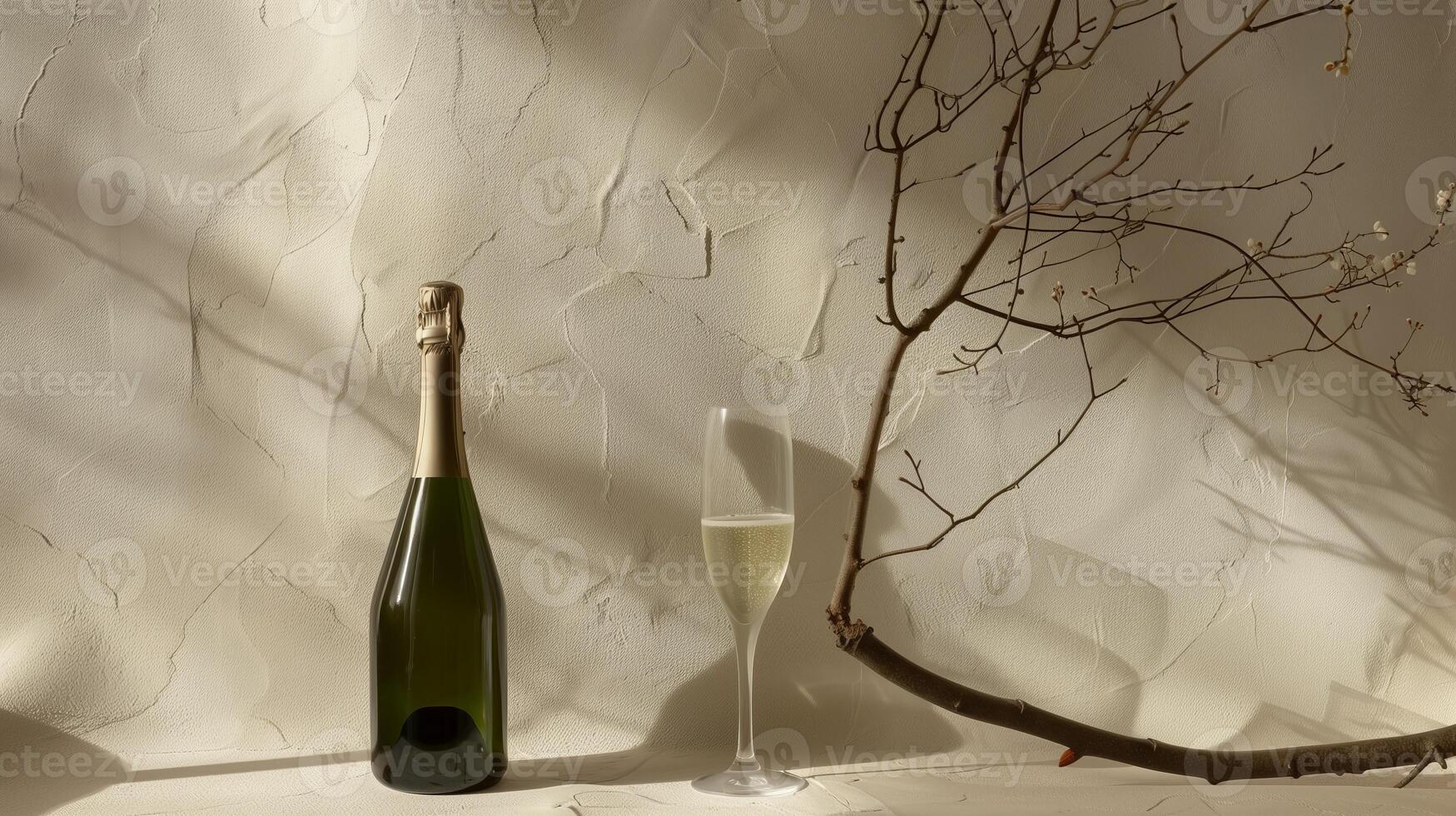 Product photography of a sparkling wine bottle and glass, with a minimalist setting featuring a single driftwood branch as a prop. Generated by artificial intelligence. photo