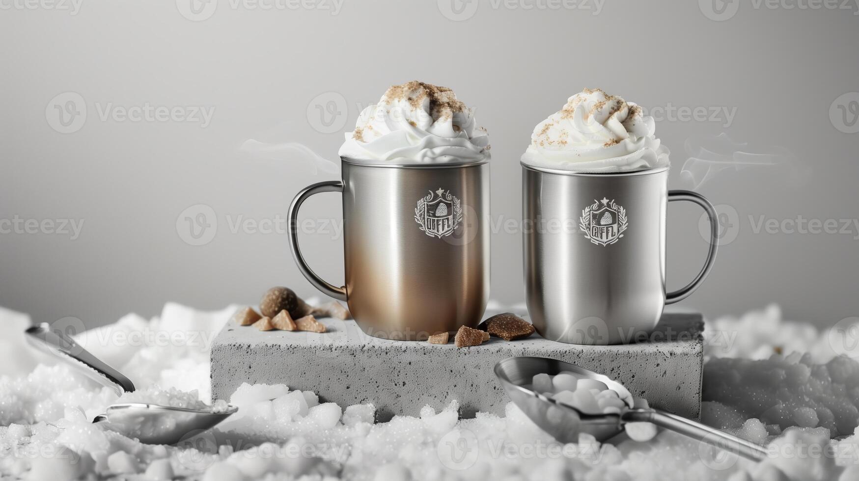 Two stainless steel coffee cups with latte and skinny hot chocolate, sitting on top of gray concrete plinth. Generated by artificial intelligence. photo