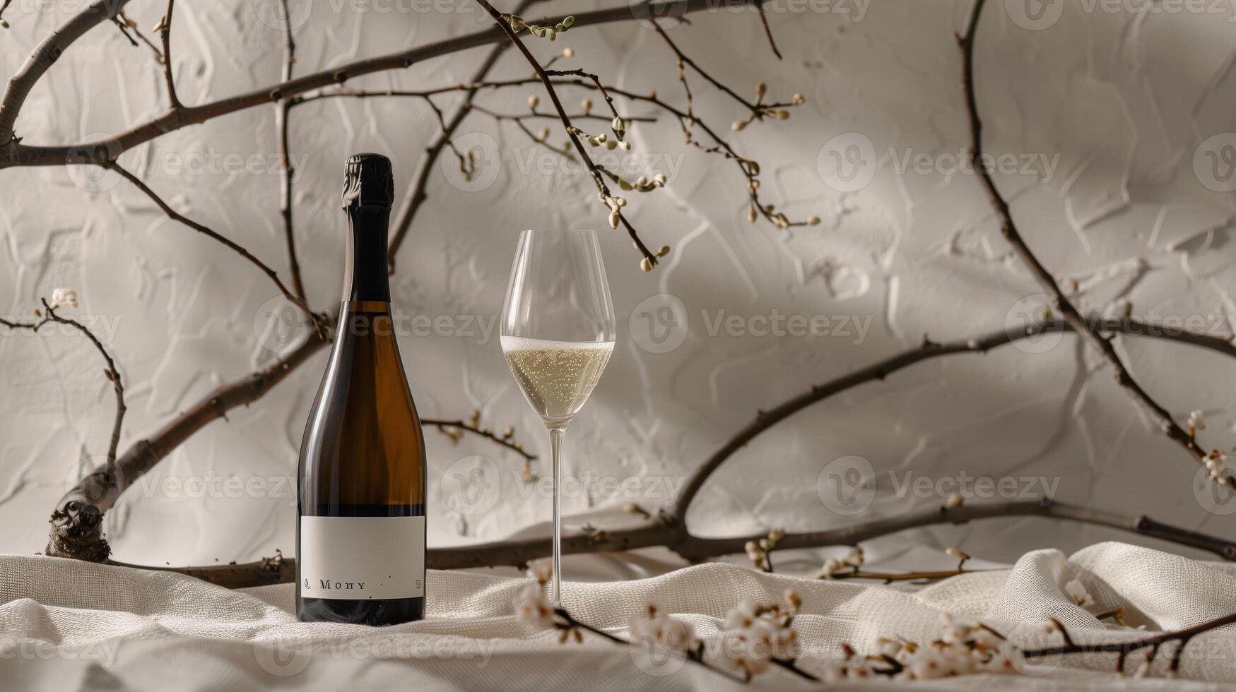 Product photography of a sparkling wine bottle and glass, with a minimalist setting featuring a single driftwood branch as a prop. Generated by artificial intelligence. photo
