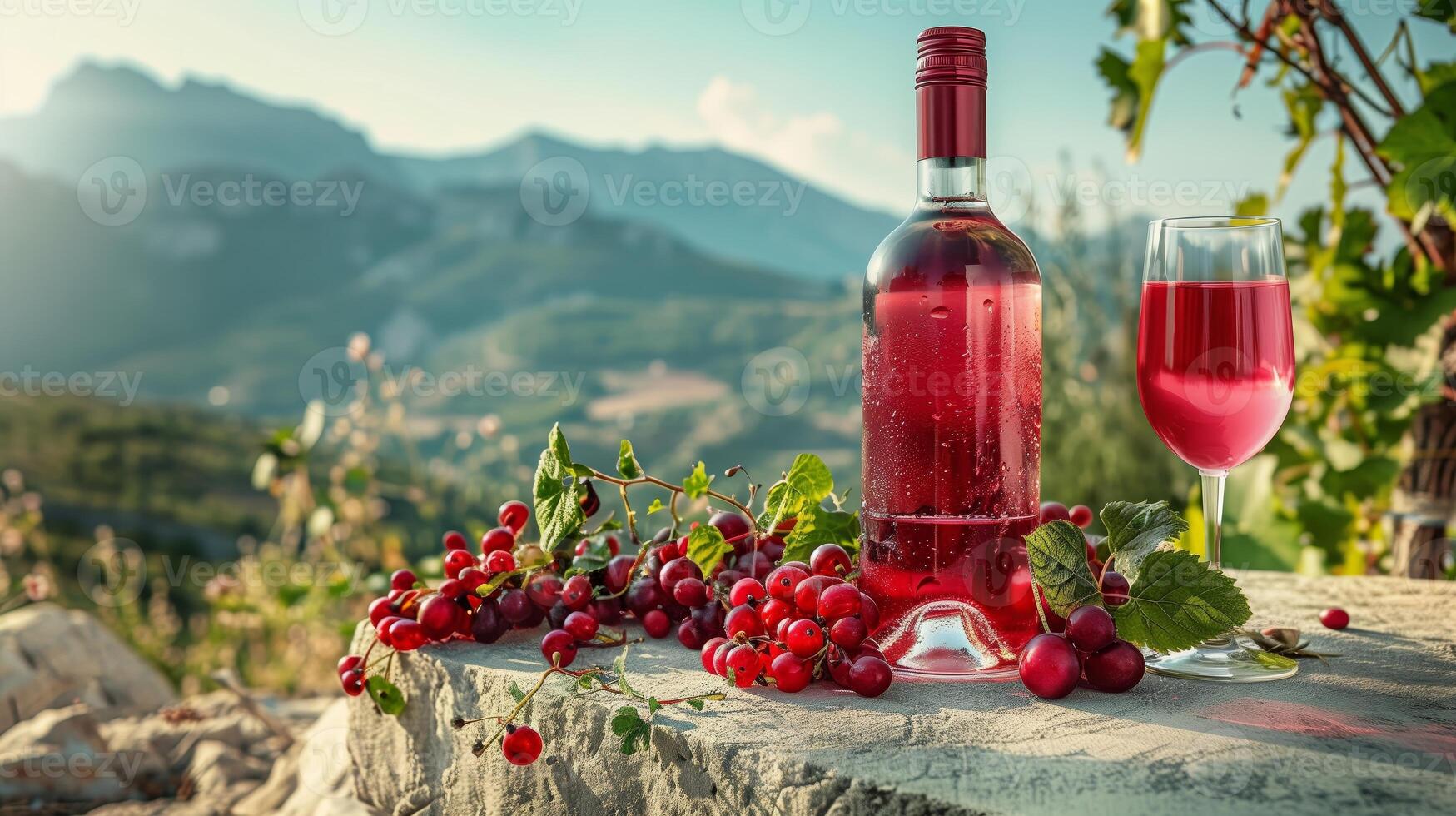 A bottle filled with red wine and the glass by side placed on a nice concrete, some chopped tropical fruits. Beautiful mountains in the scenery. Generated by artificial intelligence. photo