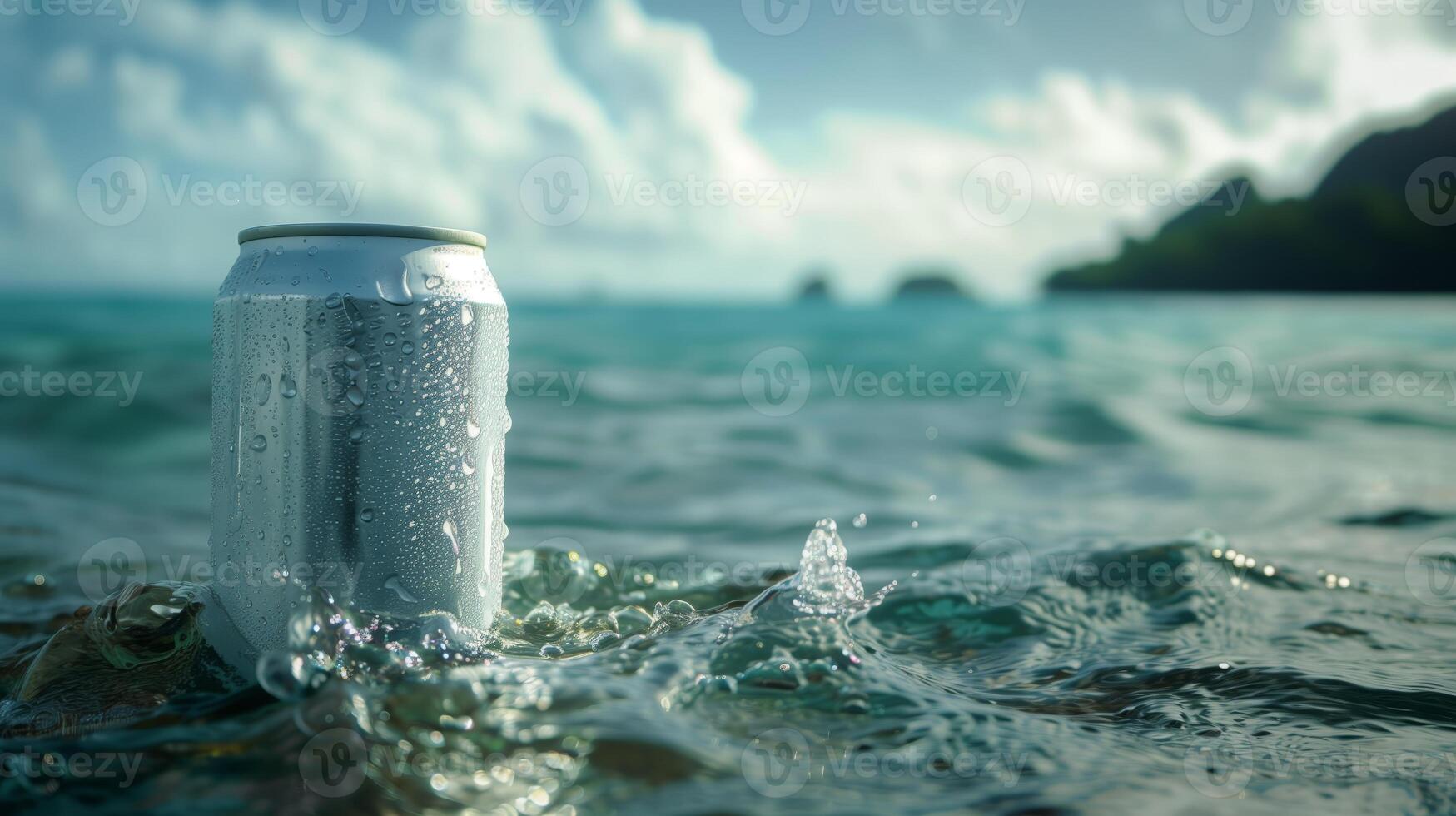 The plain soft-drink can 330ml, floating in the ocean with tropical islands in background. Generated by artificial intelligence. photo