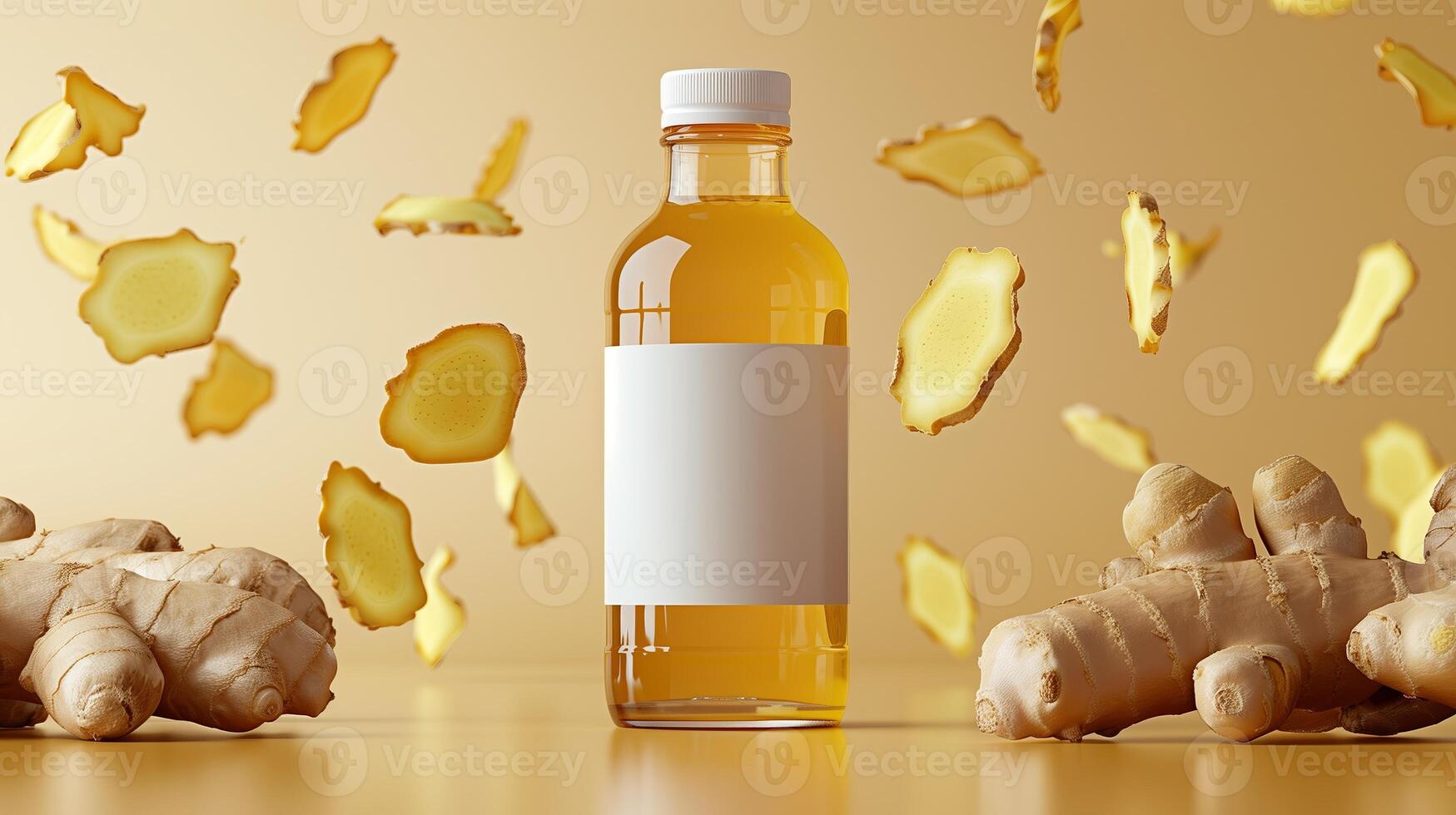 The transparent beverage bottl with ginger around the it, slice of ginger levitating around the bottle ground. Generated by artificial intelligence. photo