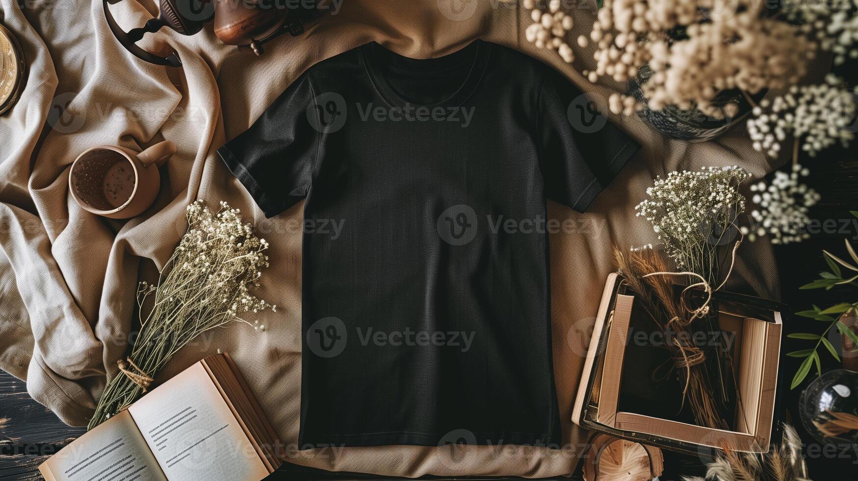 A mockup of the front view black t-shirt surrounded by props. Generated by artificial intelligence. photo