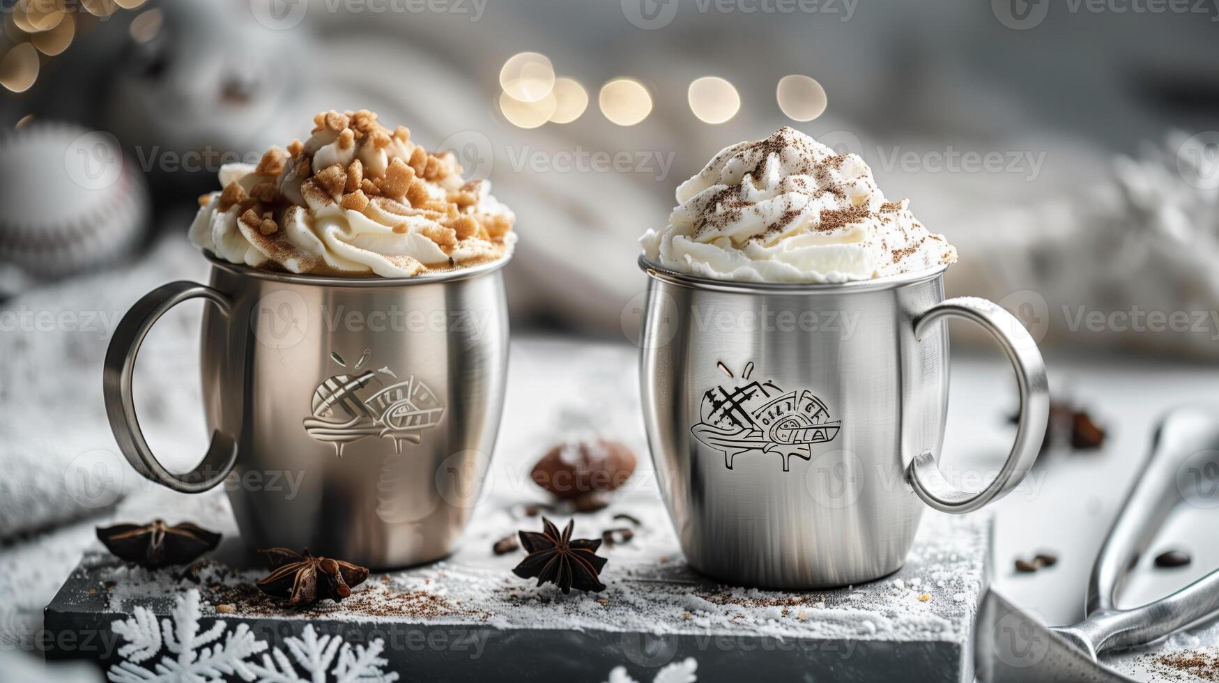 Two stainless steel coffee cups with latte and skinny hot chocolate, sitting on top of gray concrete plinth. Generated by artificial intelligence. photo