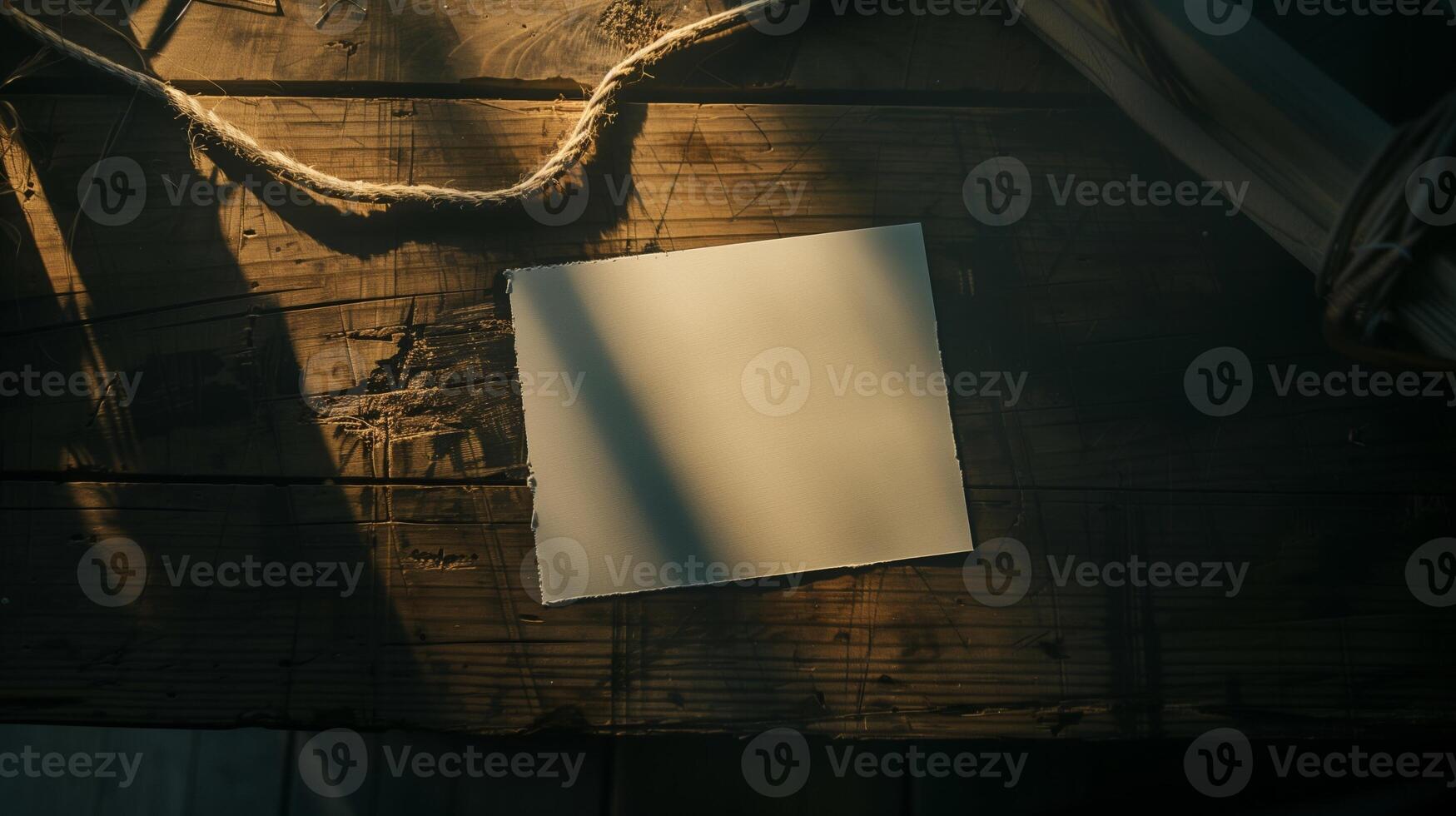 A top view of blank slip of paper with thin rope on the table. Generated by artificial intelligence. photo