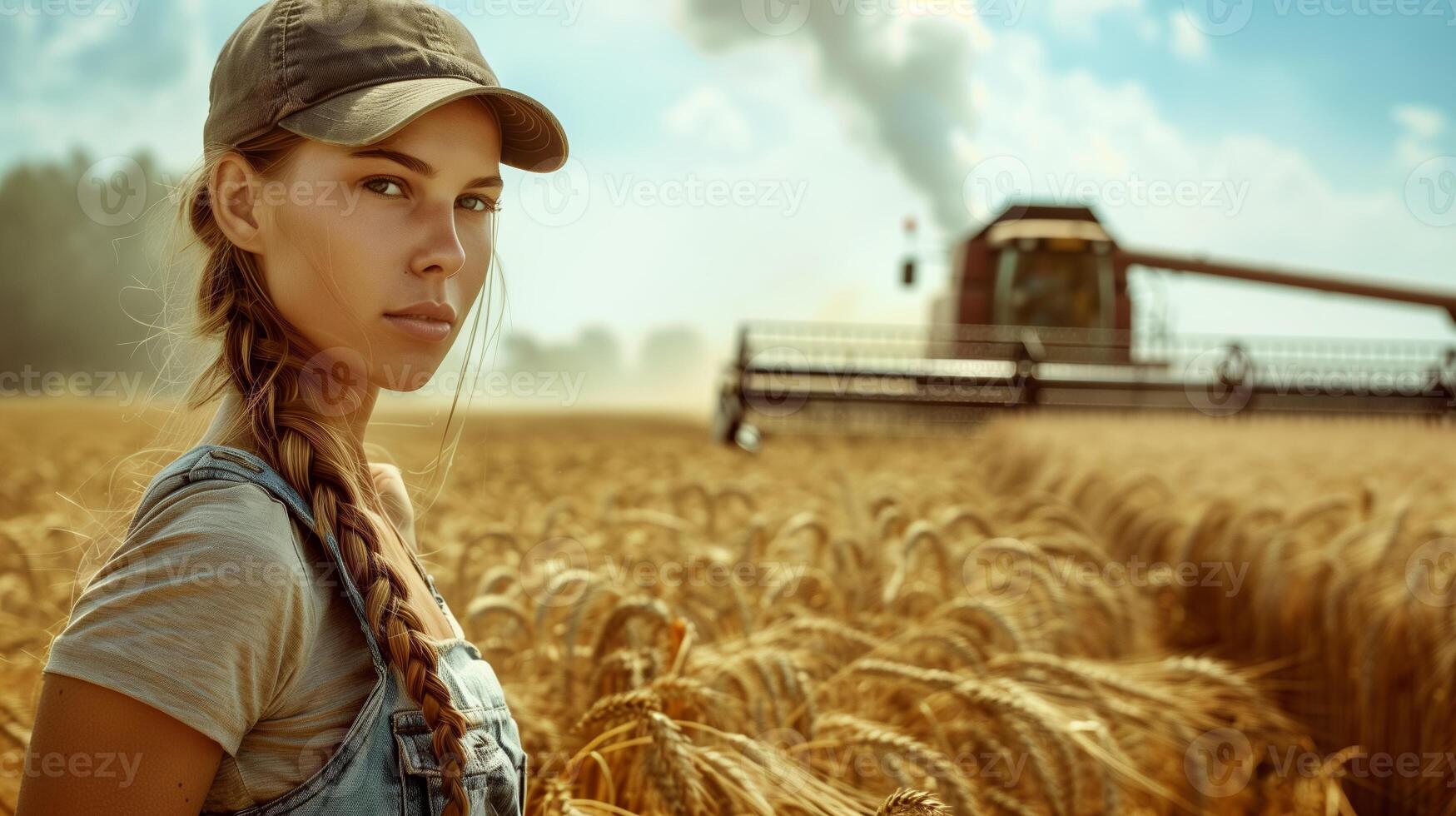 A beautiful woman farmer in front of a combine harvester in a golden wheat field, wearing a baseball cap and overalls in the golden hour lighting. Generated by artificial intelligence. photo