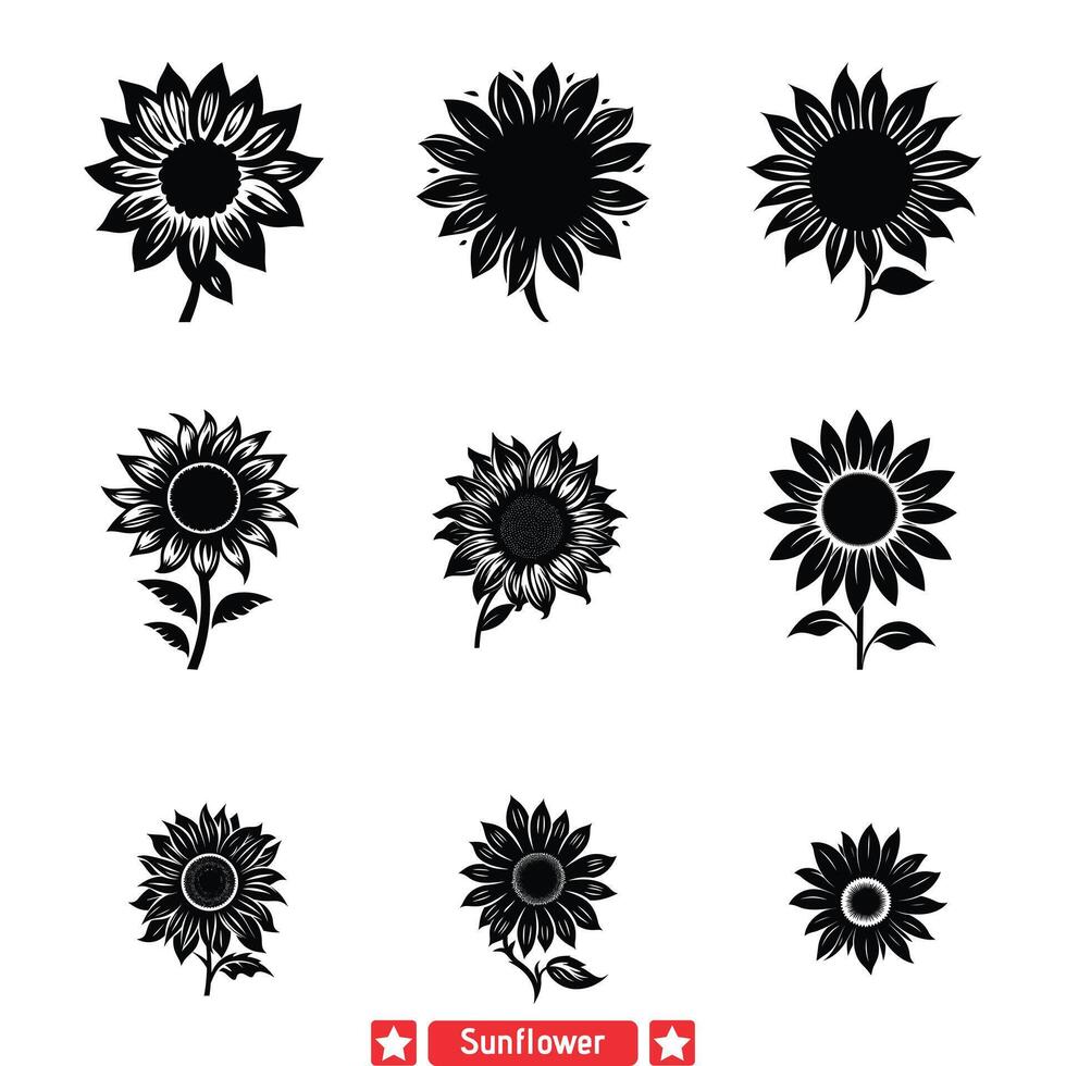 Sunny Splendor Sunflower Silhouette Artistic Set vector