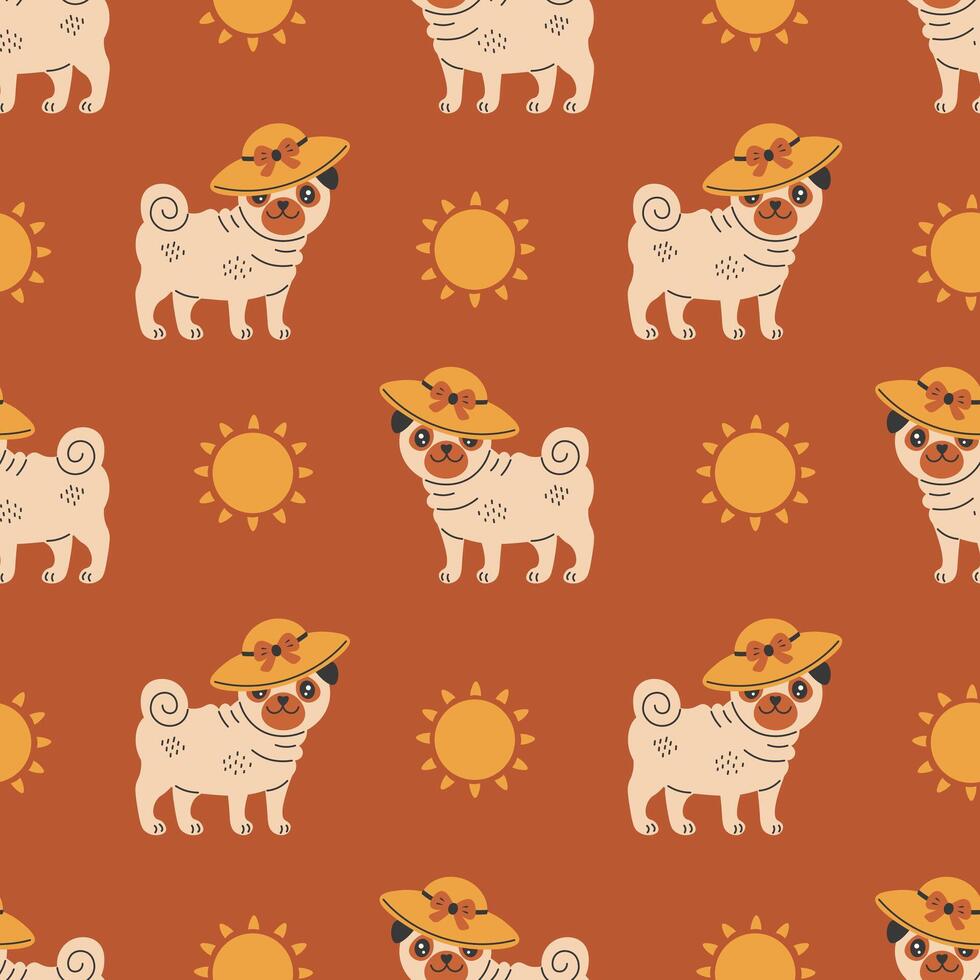 Pug dog in hat summer seamless pattern vector