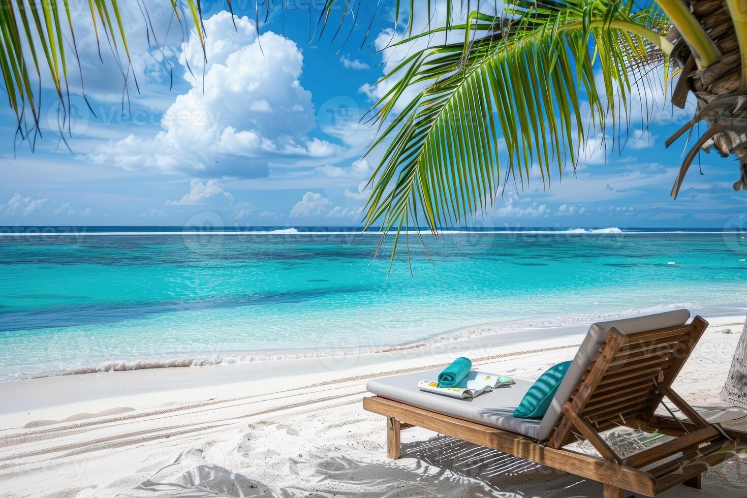 Open book on beach lounger, relaxing on beach vacation photo