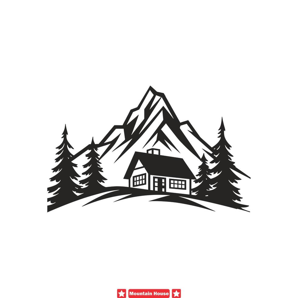 Serenity Peaks Retreat Tranquil Mountain House Silhouettes Set in Peaceful Nature Collection vector