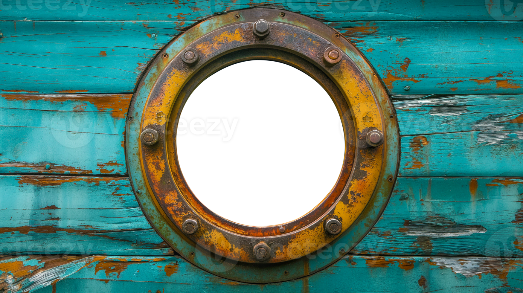 Vintage Aged Brass Ship Porthole Mounted on a Wooden Hull with a Transparent Background. Transparent . . png