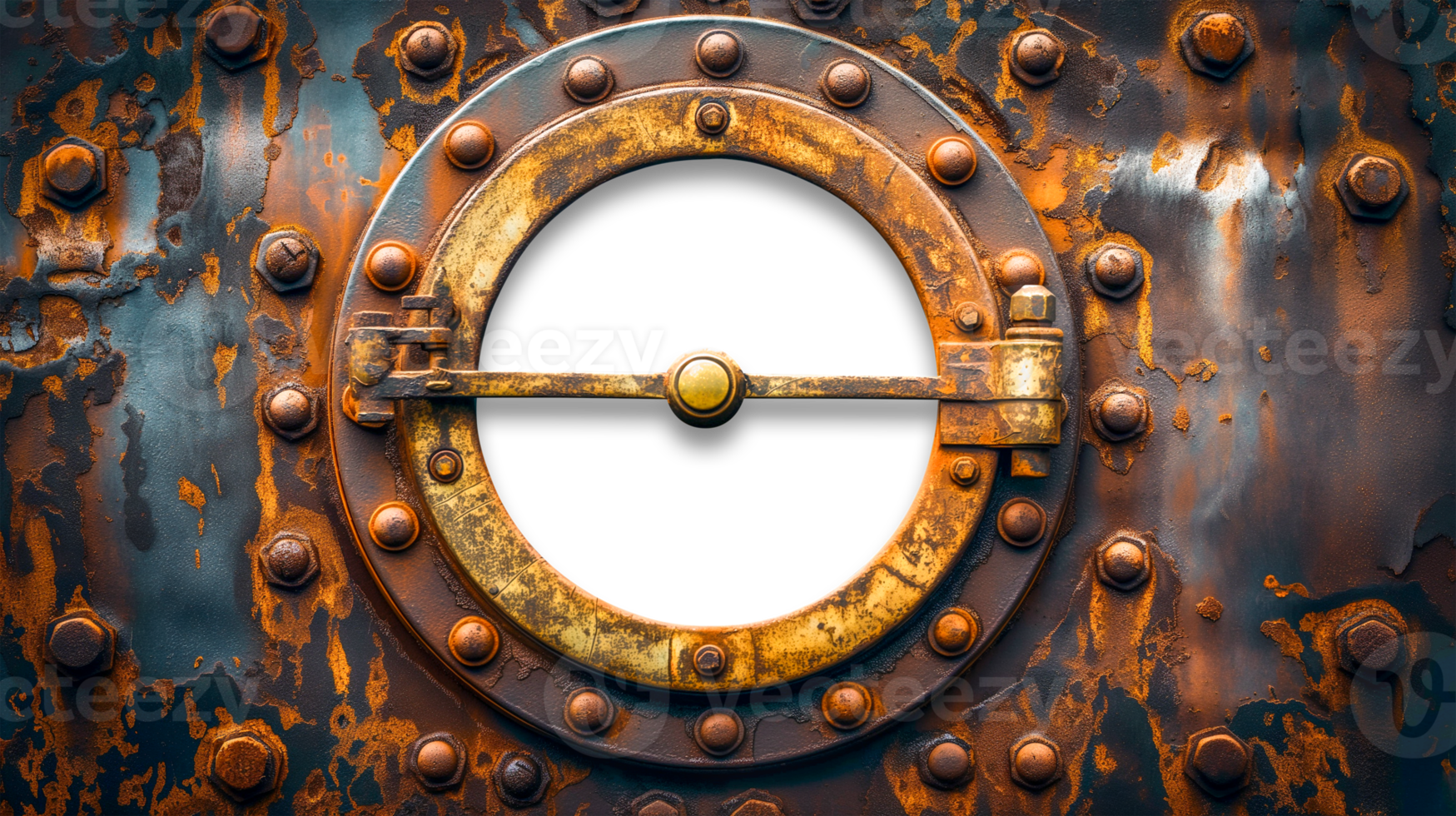 Vintage Aged Brass Ship Porthole Mounted on a Rusty Iron Hull with a Transparent Background. Transparent . . png