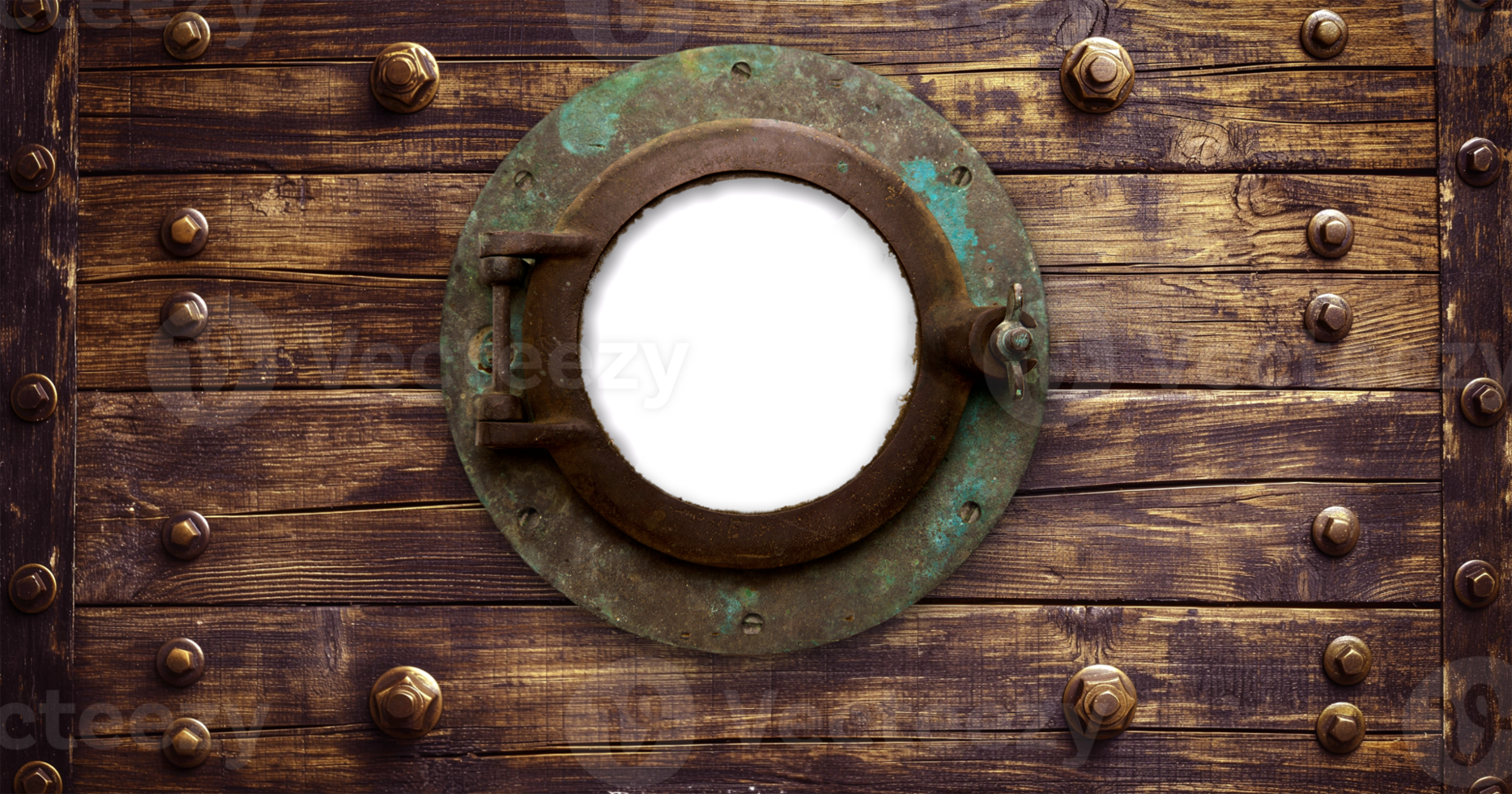 Vintage Aged Brass Ship Porthole Mounted on a Wooden Hull with a Transparent Background. Transparent . . png