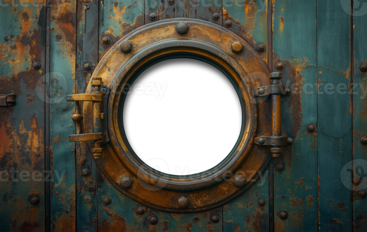 Vintage Aged Brass Ship Porthole Mounted on a Wooden Hull with a Transparent Background. Transparent . . png