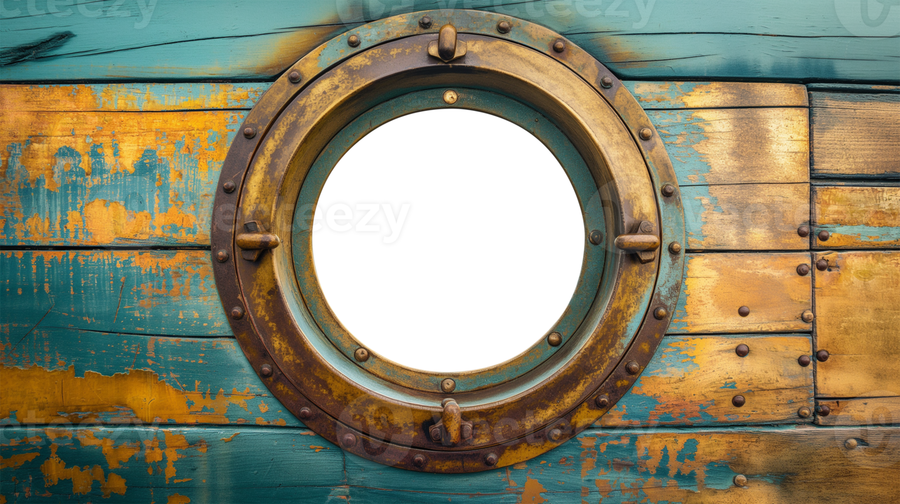 Vintage Aged Brass Ship Porthole Mounted on a Wooden Hull with a Transparent Background. Transparent . . png