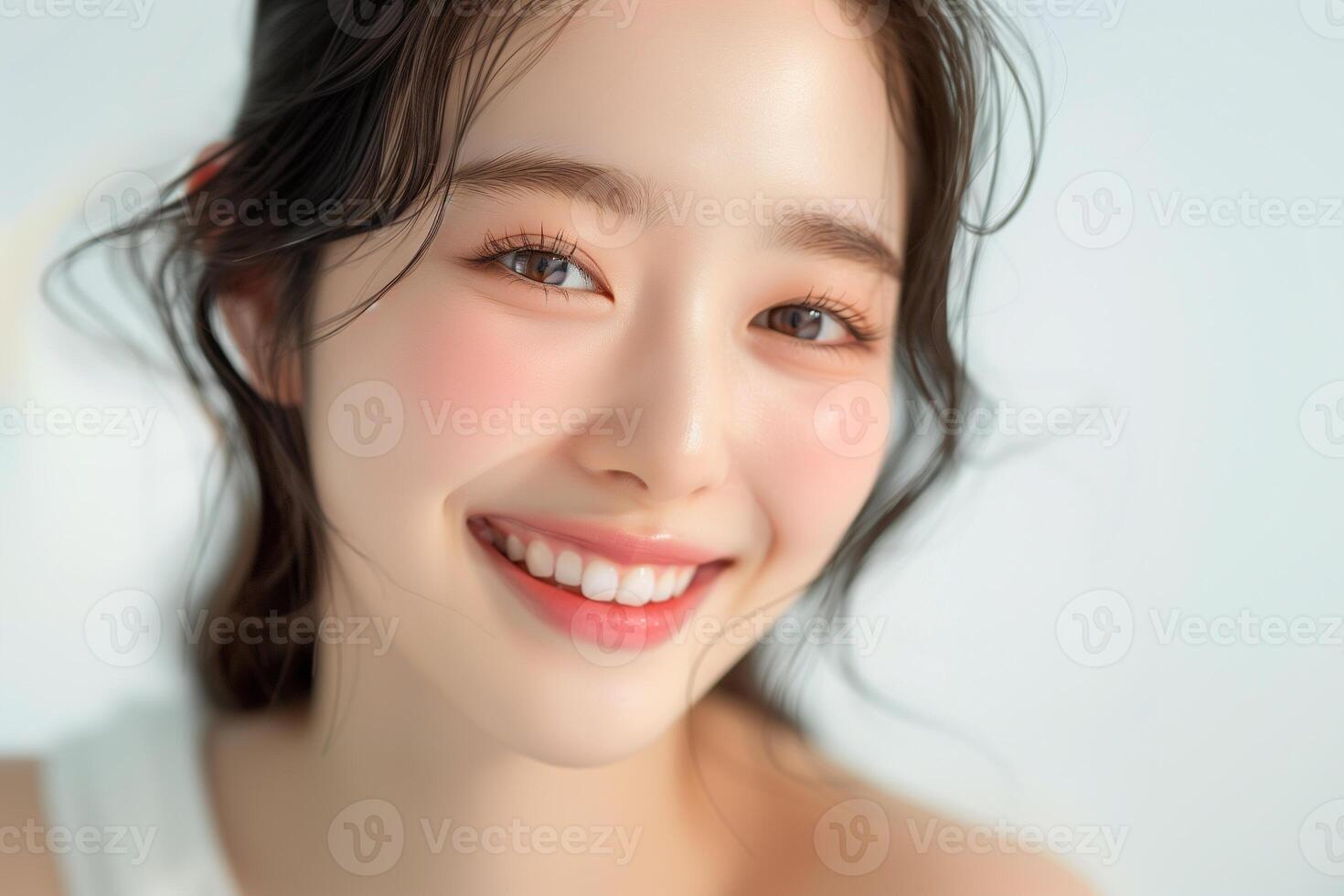 Portrait of beautiful Asian teenager in korean style makeup on white background. Copy space photo