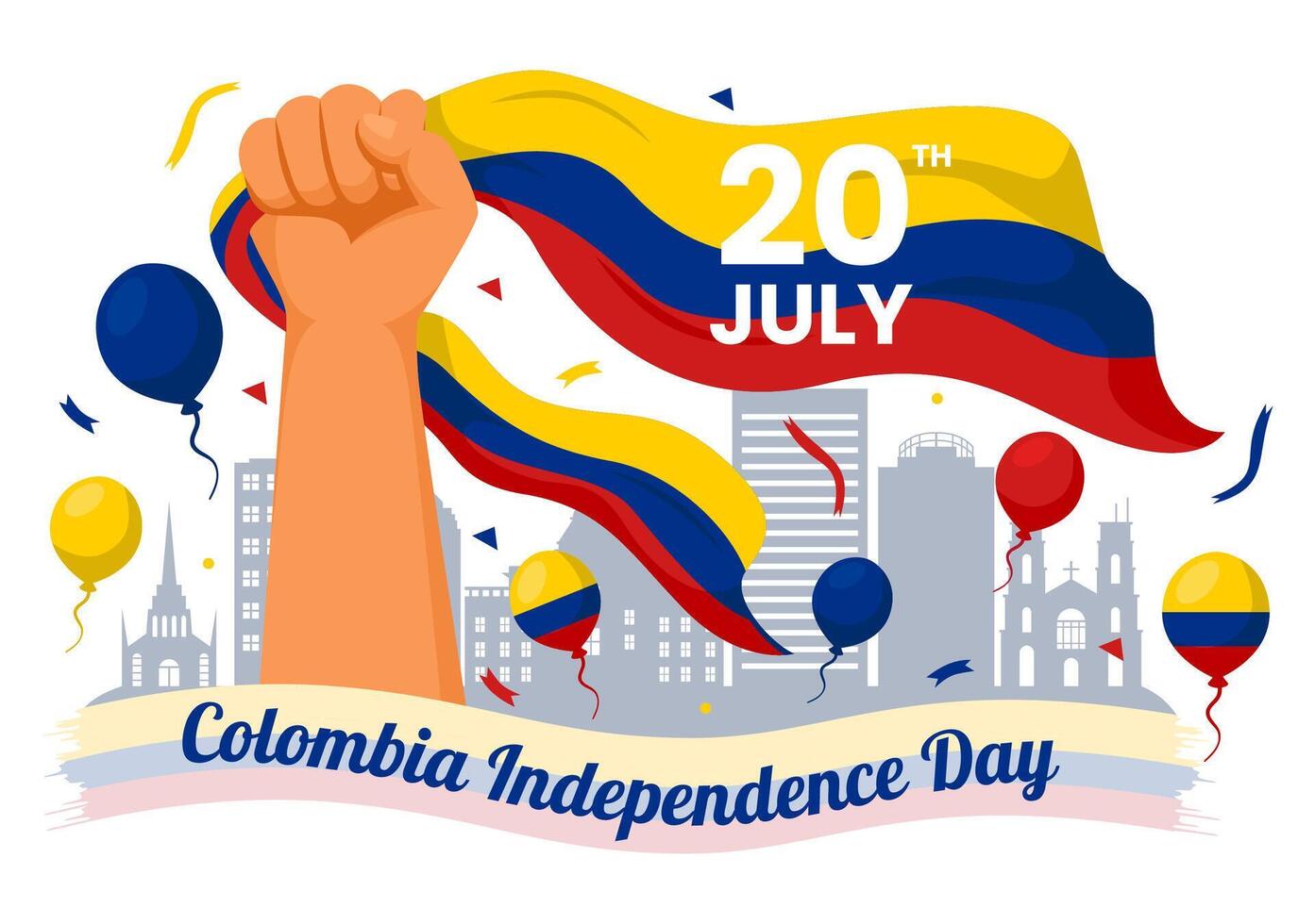 contento Colombia independencia día ilustración en 20 julio con ondulación bandera y cinta en nacional fiesta celebracion plano dibujos animados antecedentes vector