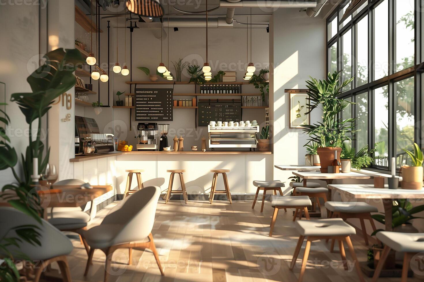 moderno blanco y brillante café con natural luz de sol. café tienda interior diseño decoración concepto foto