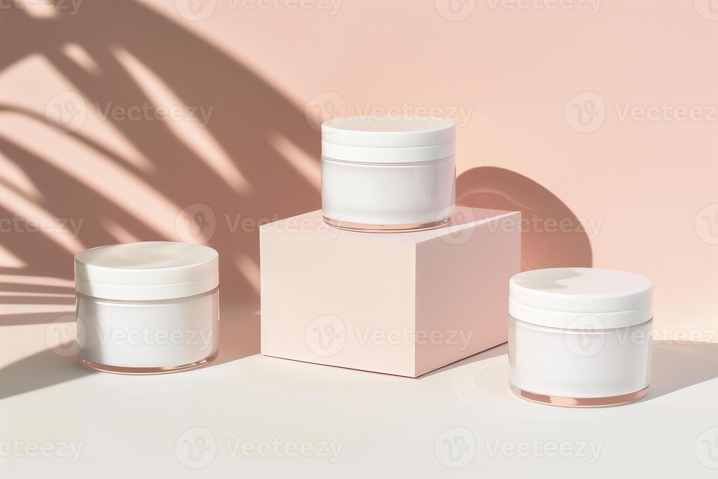 Cream bottle on pink background. Beauty product mockup, podium for skin care product presentation photo