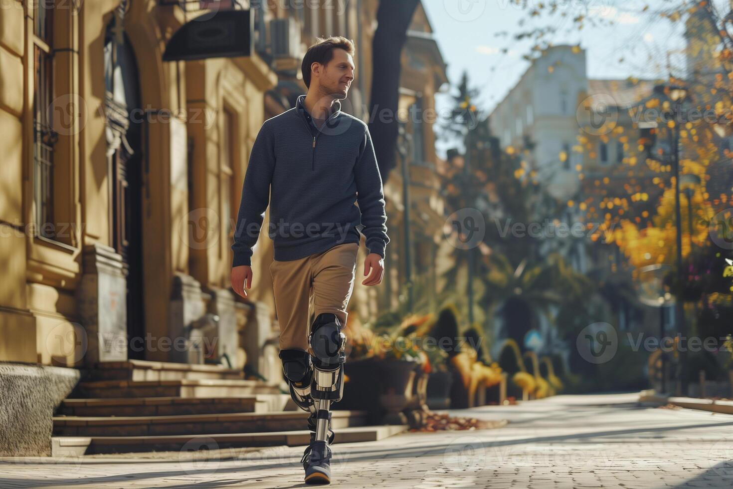 Disabled man with prosthetic leg walking and exercise works out outside. Artificial limb concept photo