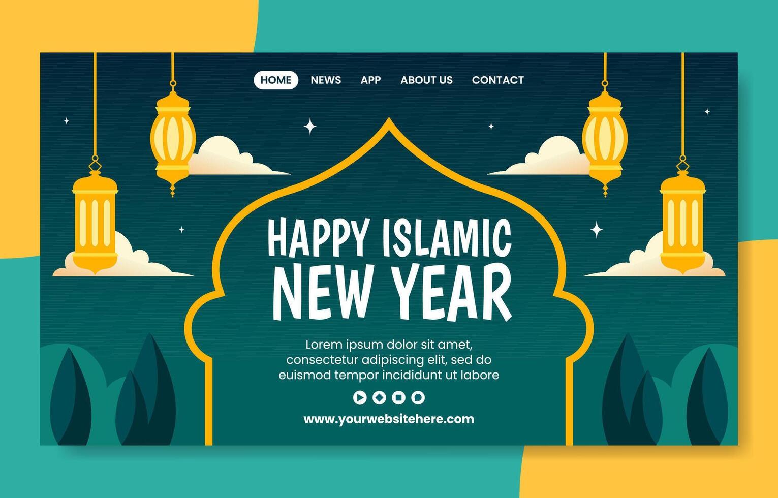 Islamic New Year Social Media Landing Page Cartoon Hand Drawn Templates Background Illustration vector