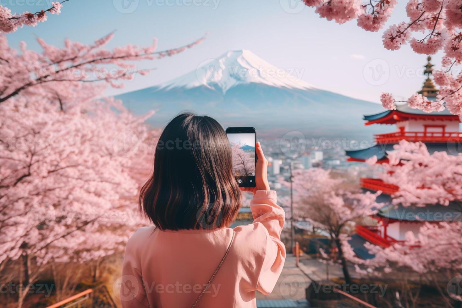 Traveler woman take a photo at Chureito Pagode and Mount Fuji with cherry blossom tree in spring