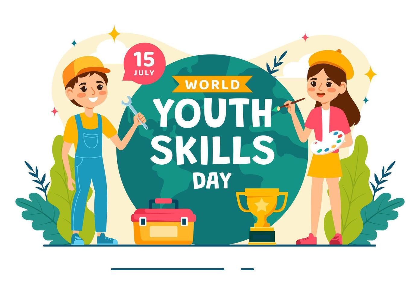 World Youth Skills Day Illustration of People with Skills for Various Employment and Entrepreneurship in Flat Kids Cartoon Background Design vector