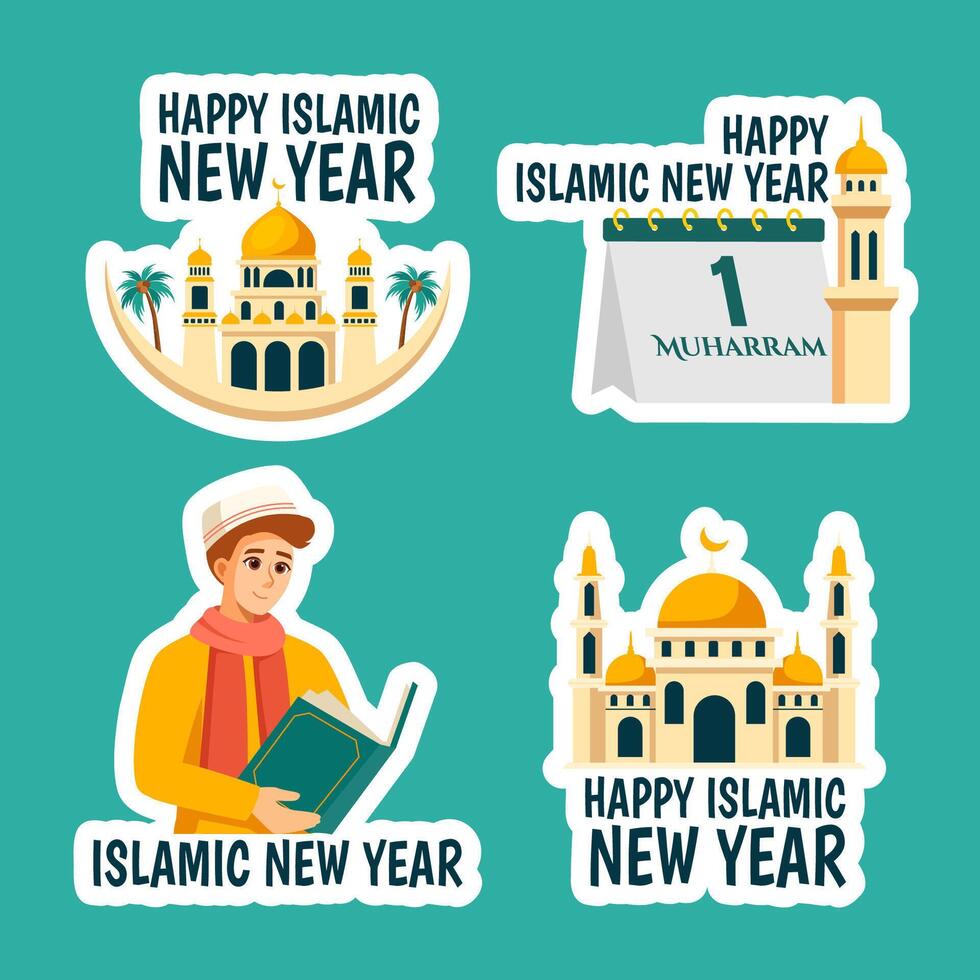 islámico nuevo año etiqueta plano dibujos animados mano dibujado plantillas antecedentes ilustración vector