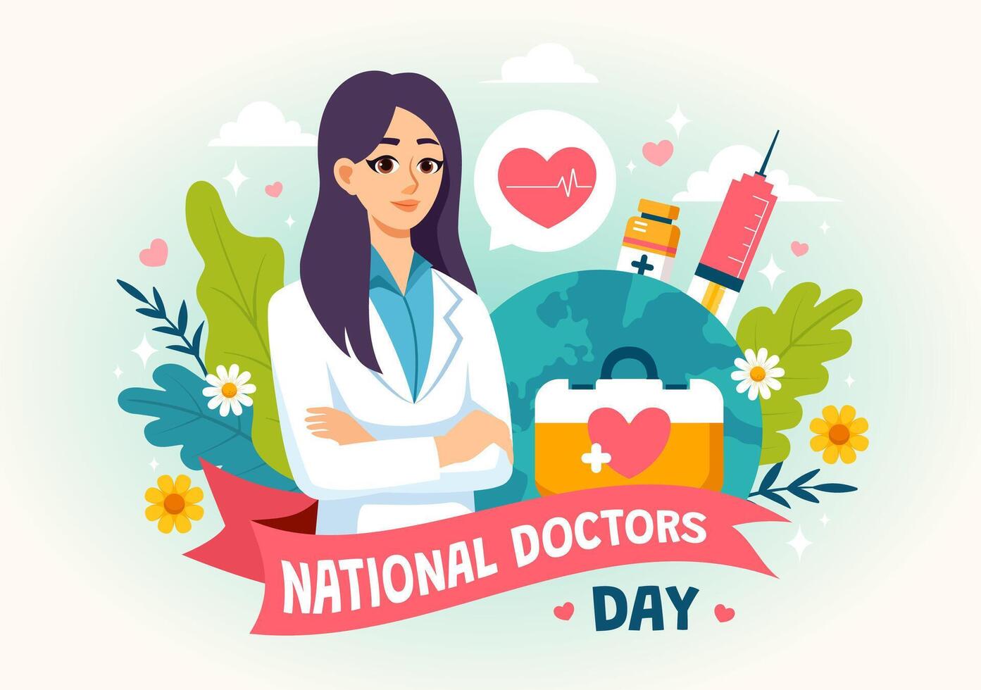 nacional doctores día ilustración con doctor, estetoscopio y médico equipo para Dedicación y contribuciones en plano dibujos animados antecedentes vector