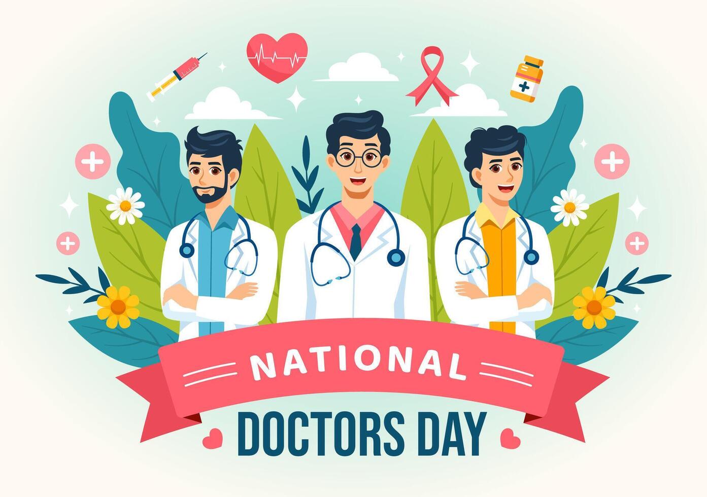 nacional doctores día ilustración con doctor, estetoscopio y médico equipo para Dedicación y contribuciones en plano dibujos animados antecedentes vector