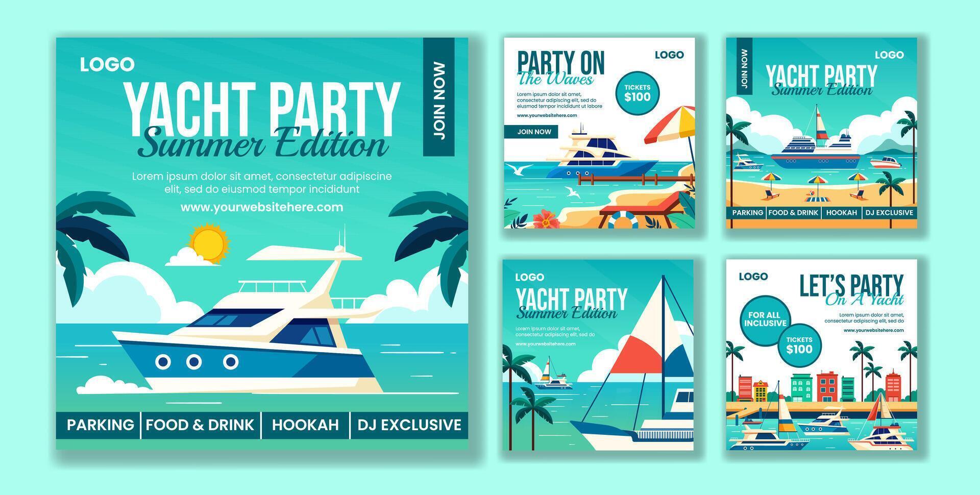 Yachts Party Social Media Post Flat Cartoon Hand Drawn Templates Background Illustration vector