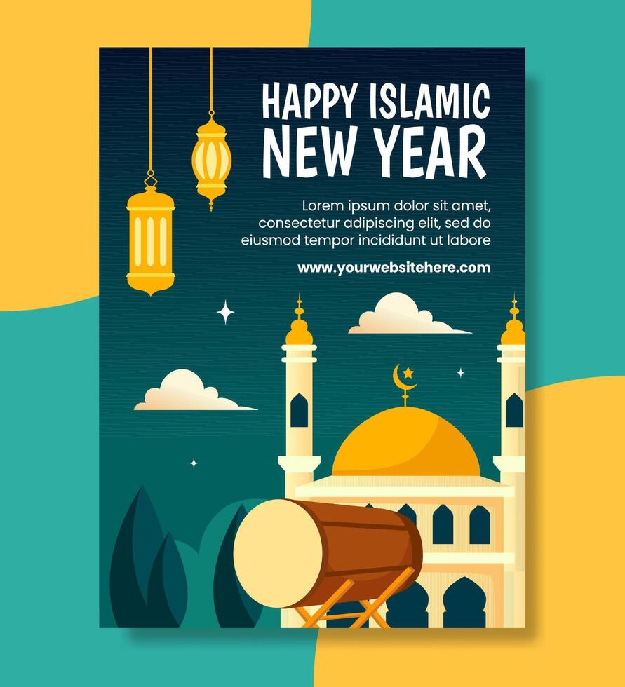 Islamic New Year Poster Flat Cartoon Hand Drawn Templates Background Illustration vector