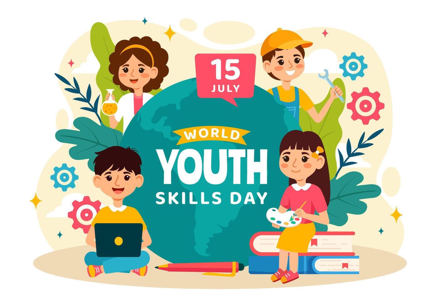 World Youth Skills Day Illustration of People with Skills for Various Employment and Entrepreneurship in Flat Kids Cartoon Background Design vector