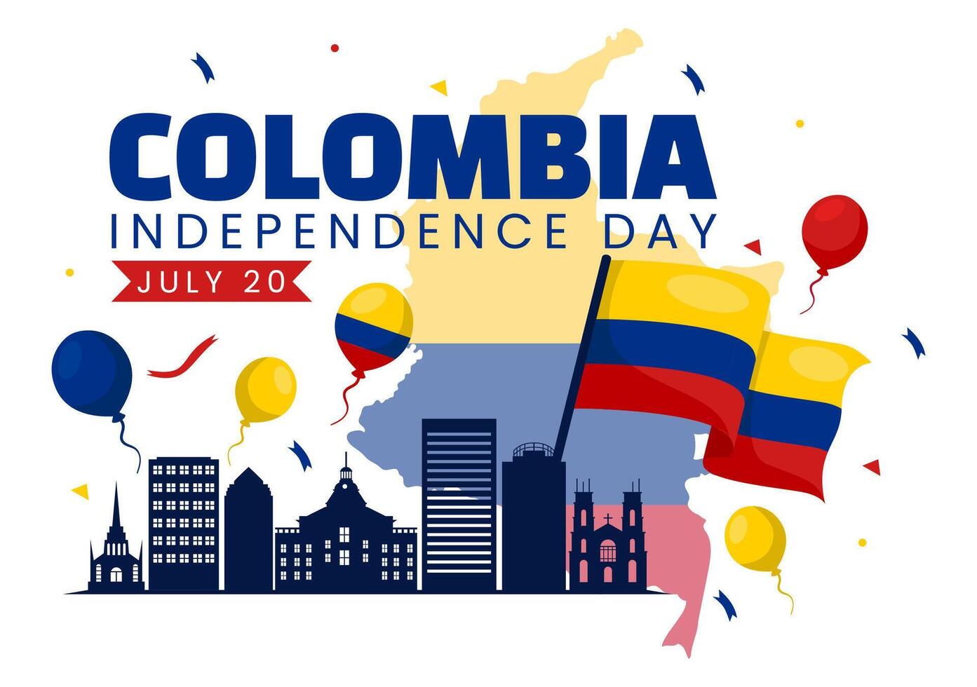 contento Colombia independencia día ilustración en 20 julio con ondulación bandera y cinta en nacional fiesta celebracion plano dibujos animados antecedentes vector