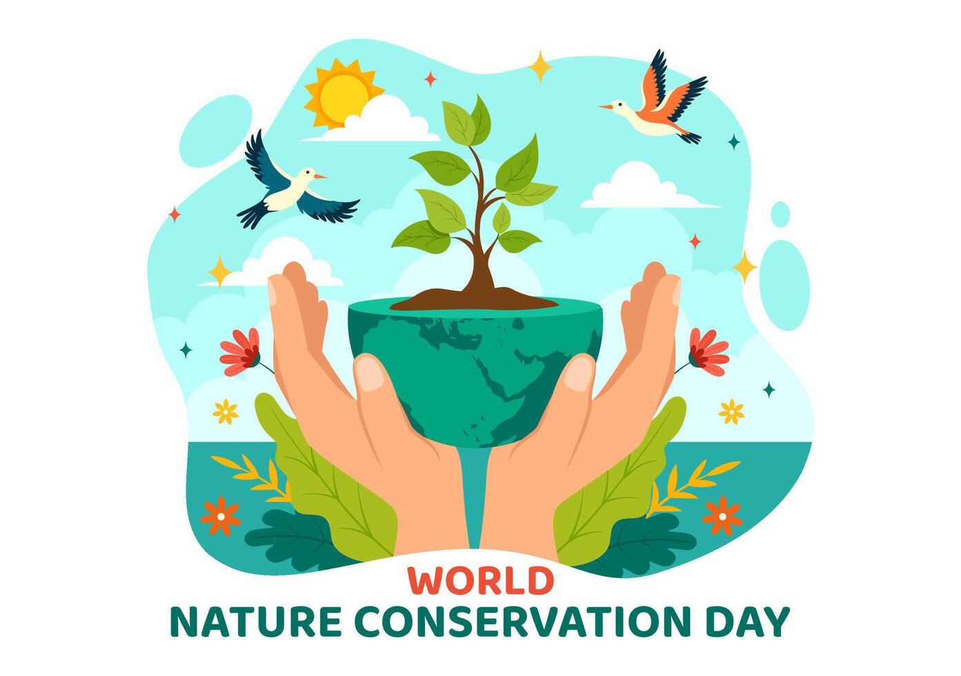World Nature Conservation Day Illustration with World Map, Tree and Eco Friendly Ecology for Preservation in Flat Cartoon Background vector