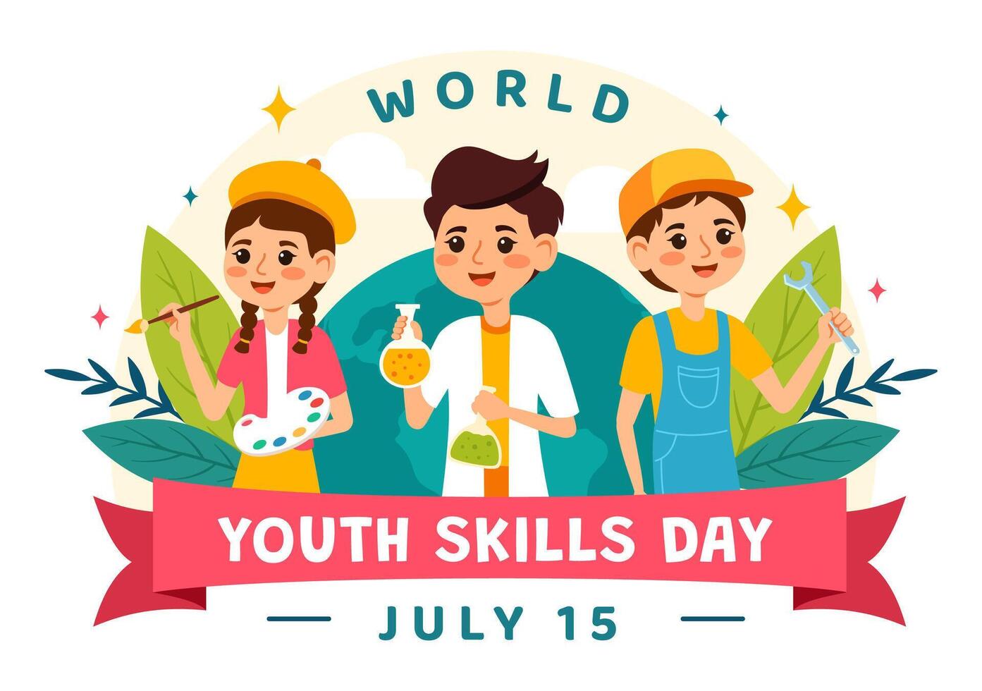 World Youth Skills Day Illustration of People with Skills for Various Employment and Entrepreneurship in Flat Kids Cartoon Background Design vector