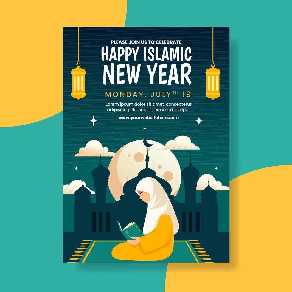 Islamic New Year Invitation Flat Cartoon Hand Drawn Templates Background Illustration vector