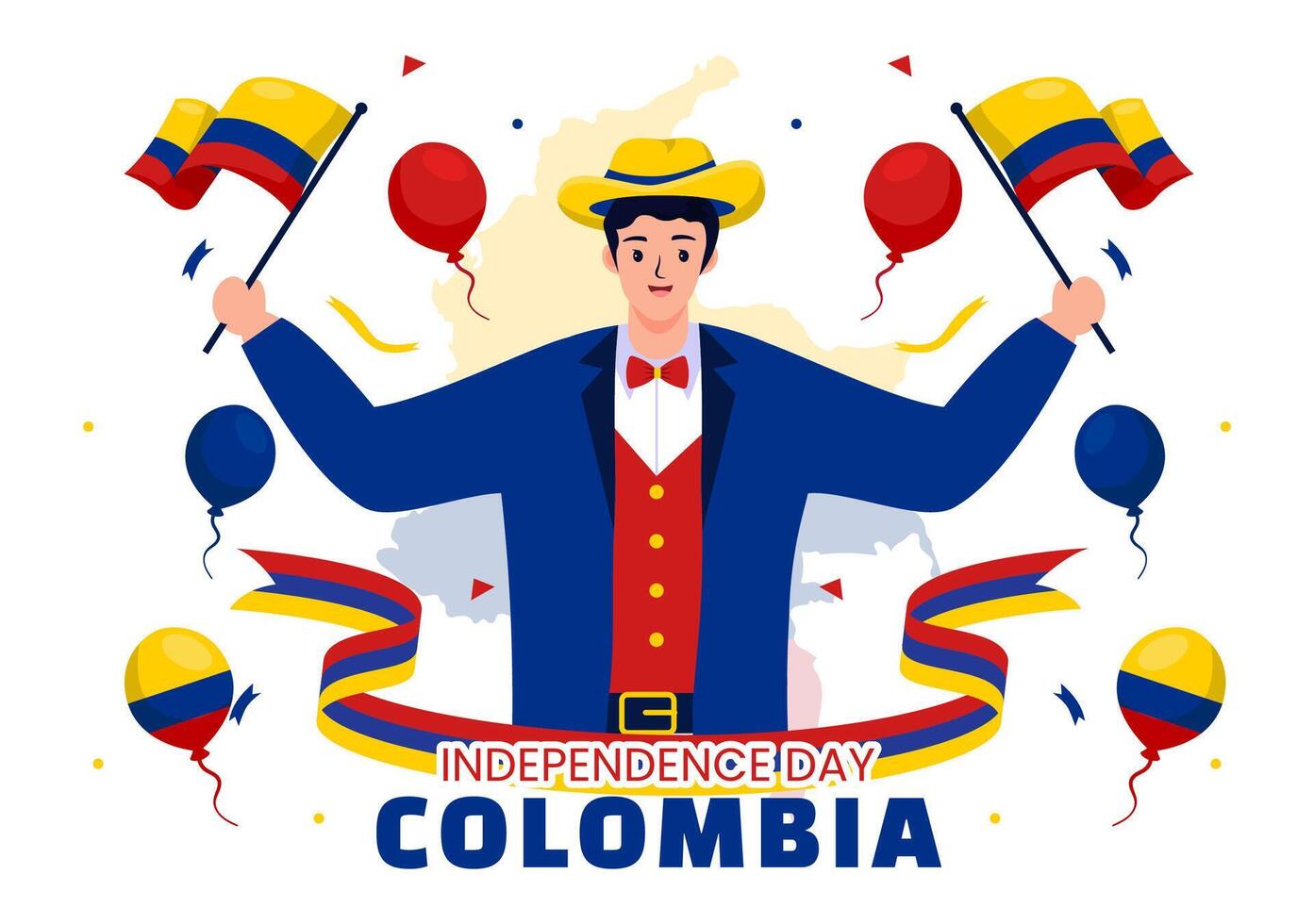 contento Colombia independencia día ilustración en 20 julio con ondulación bandera y cinta en nacional fiesta celebracion plano dibujos animados antecedentes vector