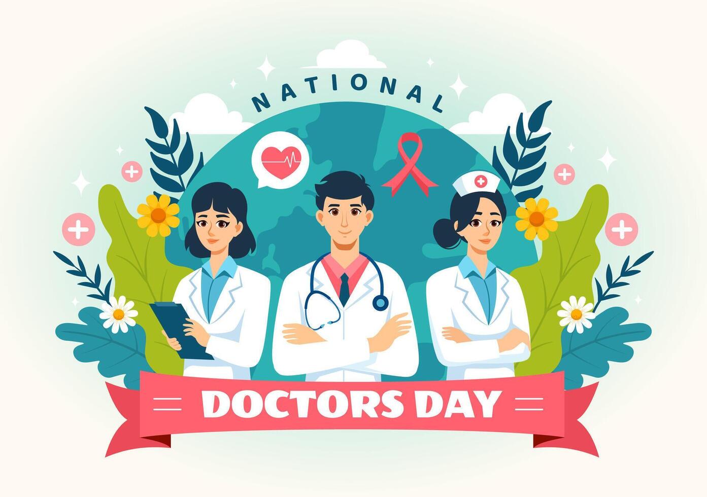 nacional doctores día ilustración con doctor, estetoscopio y médico equipo para Dedicación y contribuciones en plano dibujos animados antecedentes vector