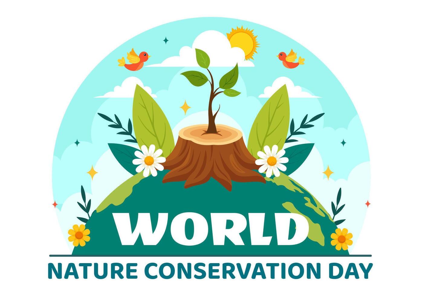 World Nature Conservation Day Illustration with World Map, Tree and Eco Friendly Ecology for Preservation in Flat Cartoon Background vector