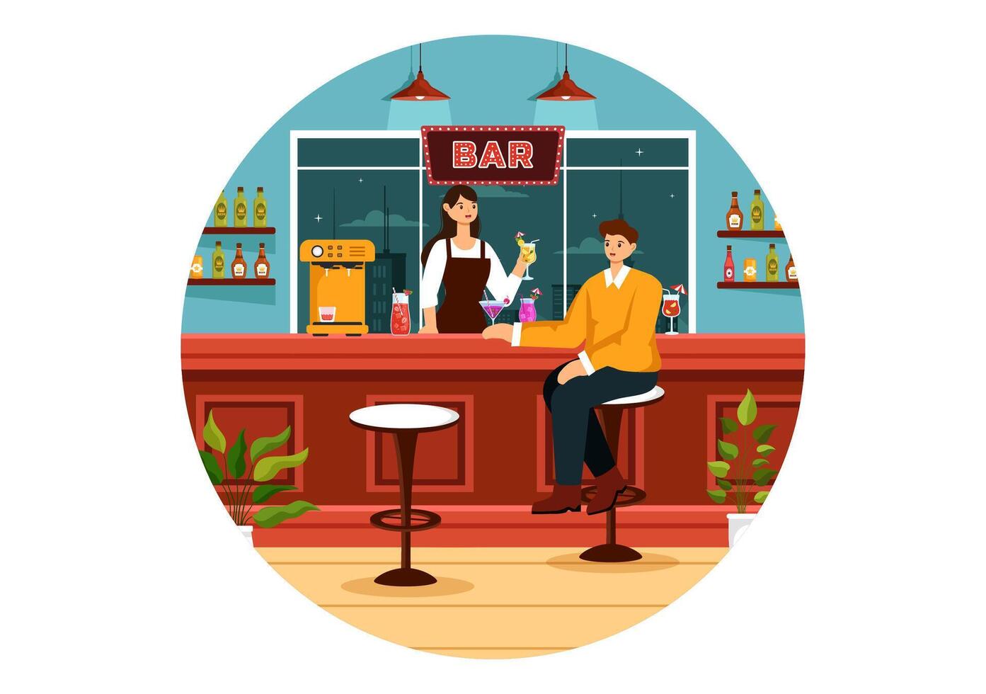 Cocktail Bar or Nightclub Illustration of Friends Hanging Out with Alcoholic Fruit Juice Drinks or Cocktails in Flat Cartoon Background vector