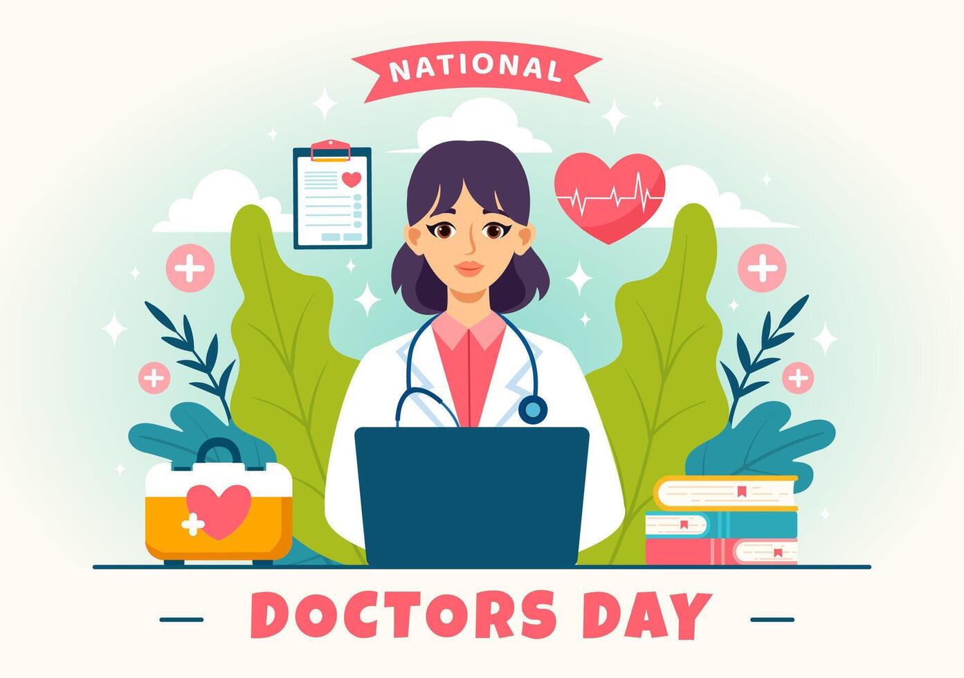 National Doctors Day Illustration with Doctor, Stethoscope and Medical Equipment for Dedication and Contributions in Flat Cartoon Background vector