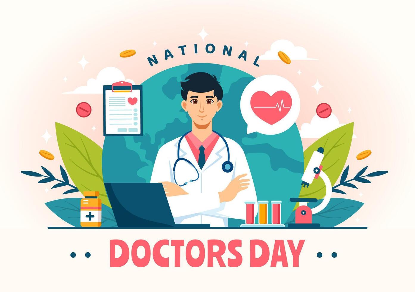 nacional doctores día ilustración con doctor, estetoscopio y médico equipo para Dedicación y contribuciones en plano dibujos animados antecedentes vector