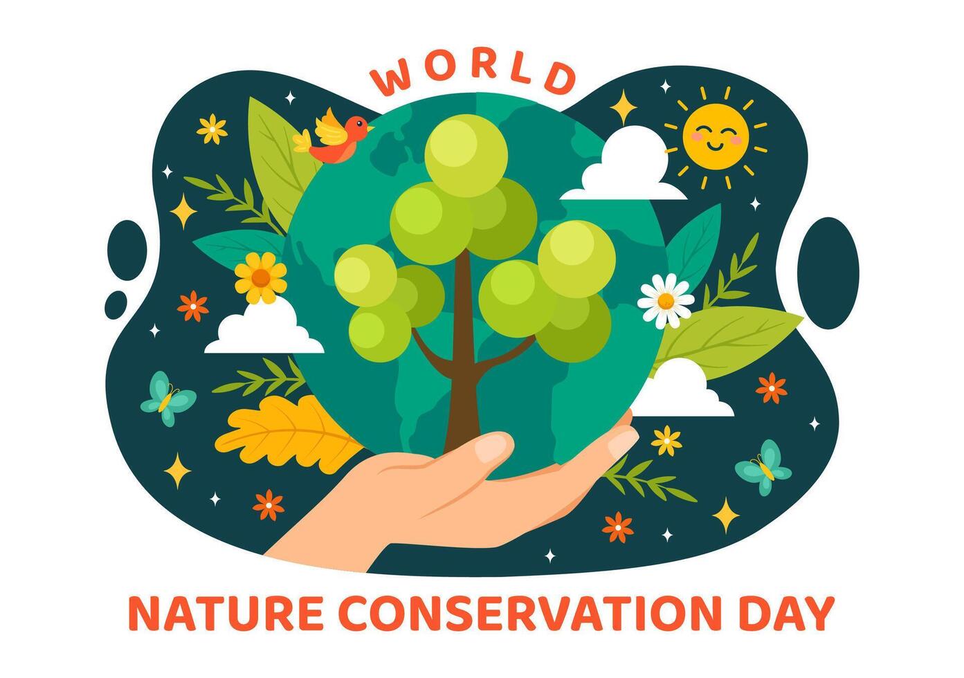 World Nature Conservation Day Illustration with World Map, Tree and Eco Friendly Ecology for Preservation in Flat Cartoon Background vector