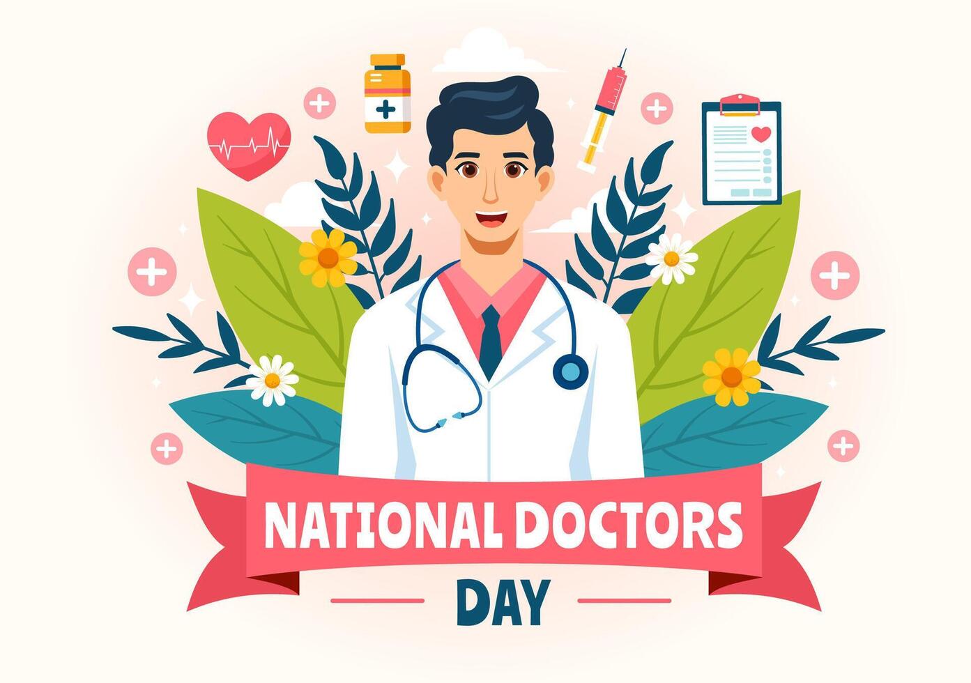 nacional doctores día ilustración con doctor, estetoscopio y médico equipo para Dedicación y contribuciones en plano dibujos animados antecedentes vector